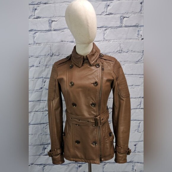 Burberry Women's 100% Calf Leather Moto Jacket Biker Brown Zip Cuffs Size 4 US